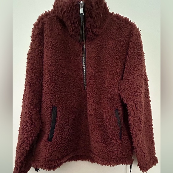 Abercrombie & Fitch Pull Brown Burgundy Sherpa oversized half zip jacket sweater - Picture 2 of 4